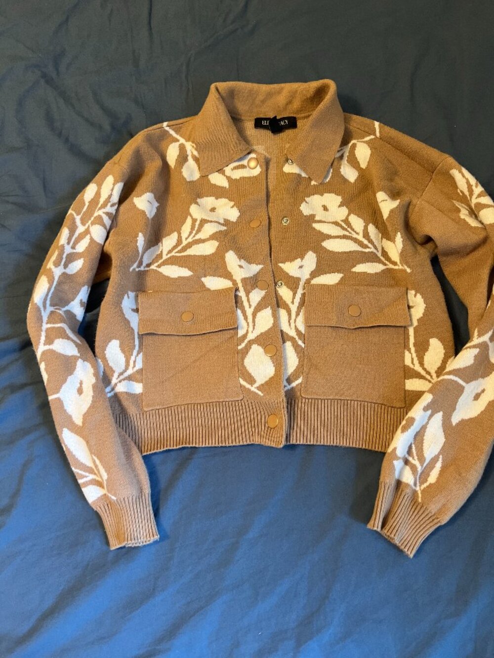 Ellen Tracy  Sweater. Tan with flowers.